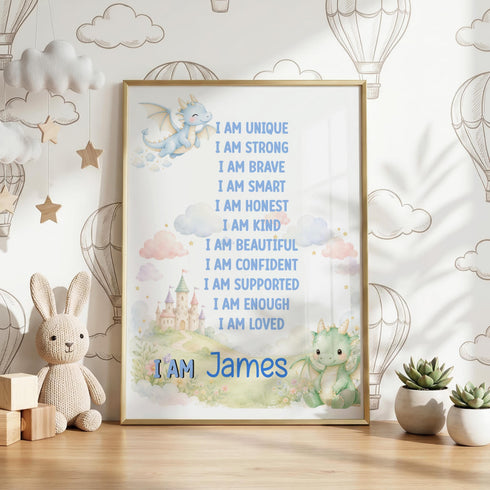 a framed poster with a list of personal qualities and a cartoon dragon, accompanied by a stuffed rabbit and potted plants.