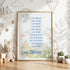 a framed poster with a list of personal qualities and a cartoon dragon, accompanied by a stuffed rabbit and potted plants.