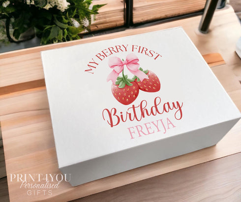 Berry First Birthday Personalised Gift Box - My First Birthday Keepsake Box, Magnetic closed white box