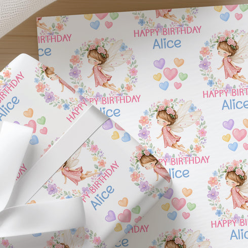 Personalised Fairy Wrapping Paper, Custom Name Girl Birthday Gift