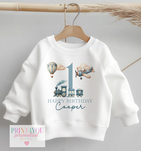 Personalised First Birthday Jumper, Birthday Sweatshirt for Children, I am OneTransport Train Plane