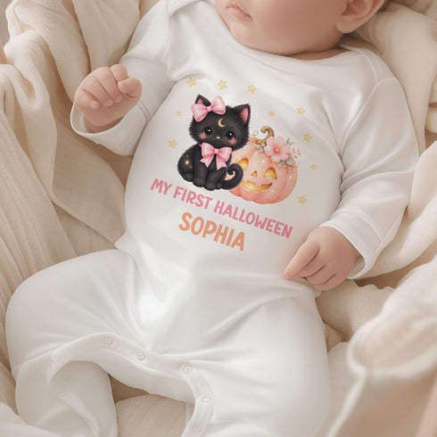 Personalised First Halloween Outfit, Baby Girl Black Cat Pumpkin Vest