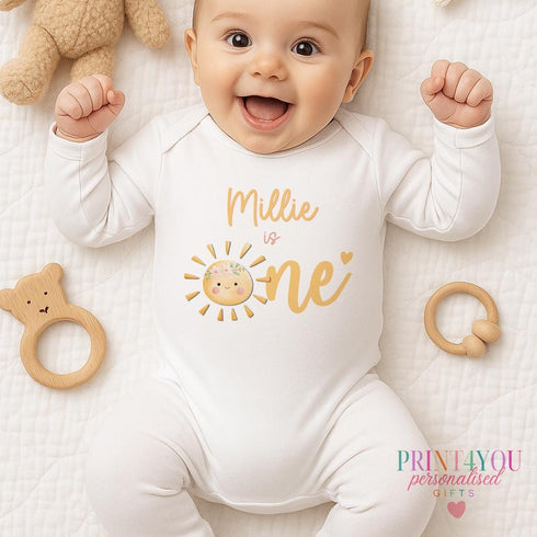 Personalised Baby Birthday Gift - Sun is One Sleepsuit Bib Vest or T-Shirt
