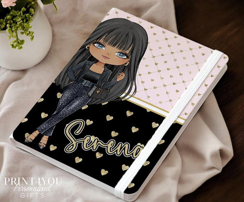 Personalised Girl Notebook β Custom Name Diary with 9 Stylish Characters | Teen Gift, PU Leather Journal, Black & Gold Heart Design
