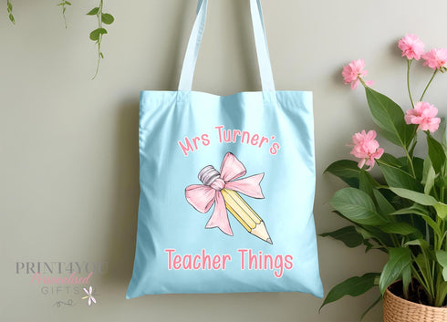 Personalised Tote Bag for Teachers Teacher Things Custom Name Gift with Pencil Bow Perfect End of Term Present for Educators