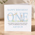 A birthday card for Arthur's first birthday, featuring a cute duck and colorful flags.