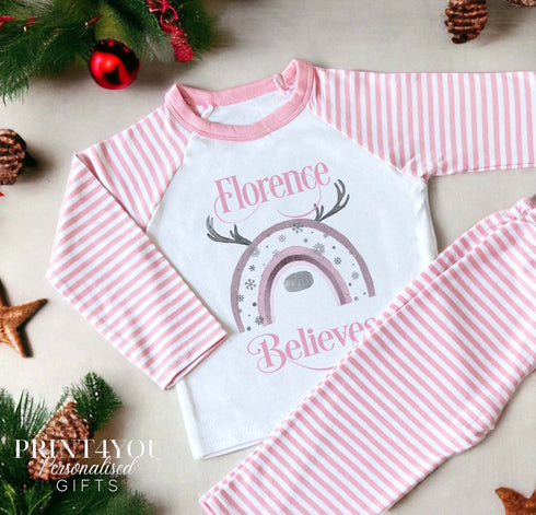 Personalised Pink & White Striped Children's Christmas Pyjamas - Rainbow Name Believes