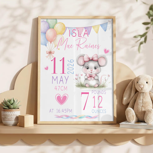 Personalised mouse baby birth stats poster with pastel balloons, bunting, pink and purple details, custom baby name, date, time, length and weight, shown framed in a nursery.