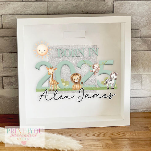 Personalised White Wooden Money Box Frame for Newborns Custom Name Savings Bank Green Safari 2025 Gift Idea