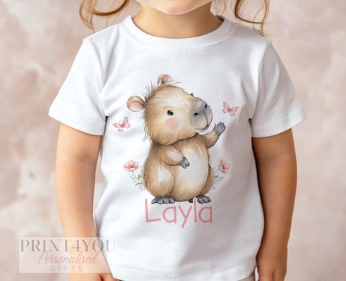 Personalised Capybara T-Shirt for Girls – Cute Animal Top with Flowers & Name – DTG Printed White Cotton Tee 6m–10yrs
