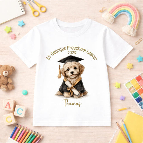 Personalised Preschool Leaver T Shirt 2026 Kids Graduation Tee Nursery Leavers Shirt Dog Graduation Outfit Custom Name