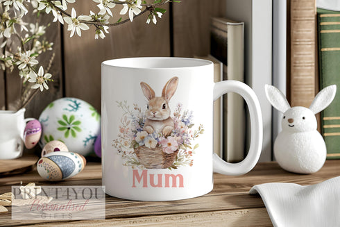Personalised gift mug, , Gorgeous Bunny Rabbit and Flowers, Easter Gift Ideas, Mothers Day Mug, Mothers Day Gift Ideas, Mums Birthday