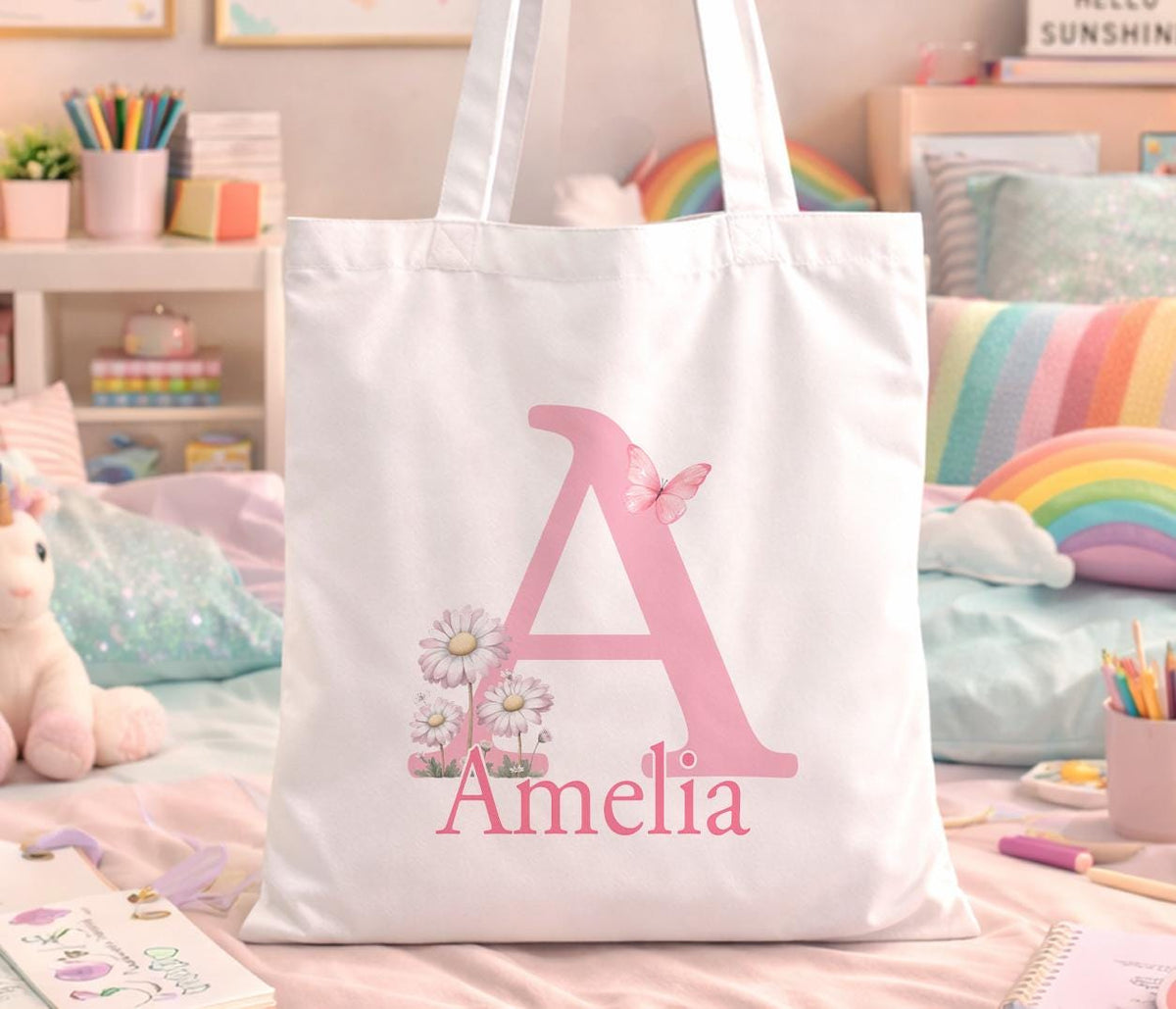Personalised Initial Tote Bag - Custom Letter Pink Floral Butterfly Bag for Girls