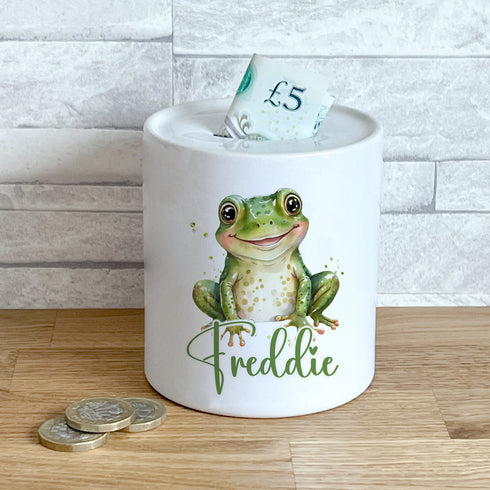 Personalised Ceramic White Money Box Coin Bank - Green Frog