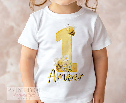 Personalised Bee Birthday T-Shirt – Custom Name & Age Top for Girls 1–10 – Yellow Daisy Design, Cotton DTG Tee, Gift Idea