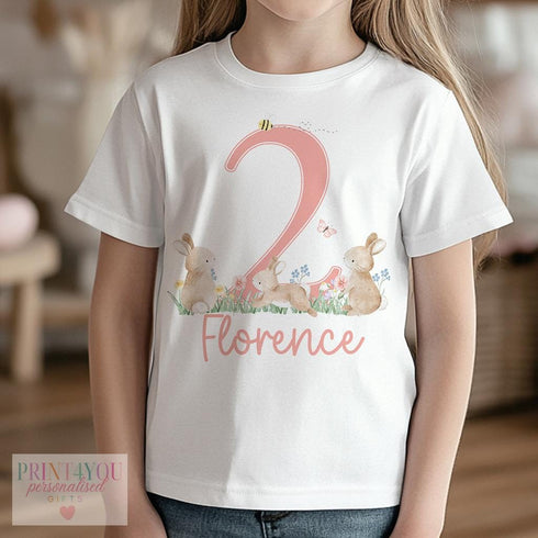 Personalised Bunny Rabbit Birthday T-Shirt ANY AGE - Cotton White Top, any number any age