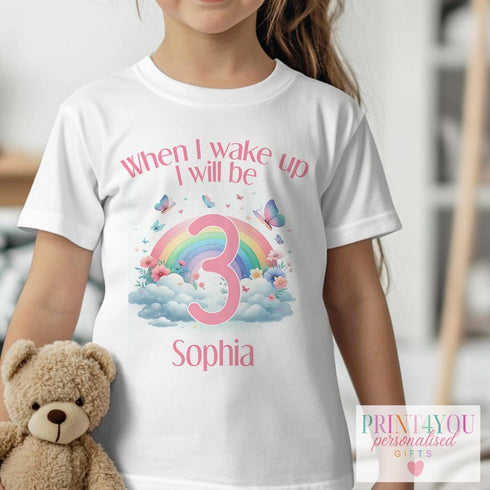 Personalised Rainbow Birthday Pyjama T-Shirt – "When I Wake Up I Will Be..." – Custom Name & Age (1-5) | White Cotton Tee | 6m to Age 8