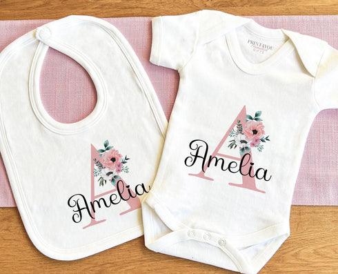 Personalised White Baby Toddler Bodysuit Vest Gift Set with Soft Pink Floral Initial Name