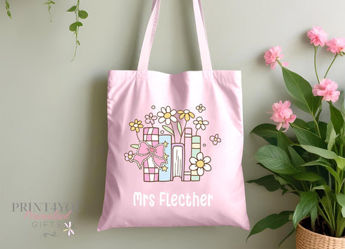 Personalised Teacher Tote Bag with Floral Design Books Custom Name Gift for Educators Perfect End-of-Term Thank You 10L Capacity