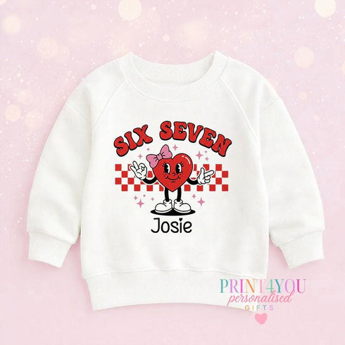 SIX SEVEN Trend Valentines Jumper for Kids – Viral Meme Style with Heart Character – Personalised Name
