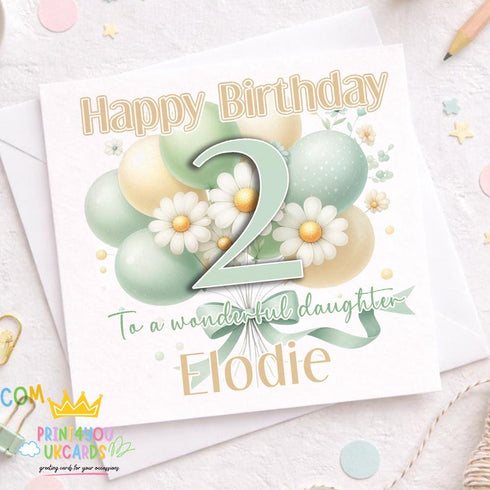 Personalised 2nd birthday card for daughter with sage green balloons and daisy flowers, cute pastel age 2 birthday card with name