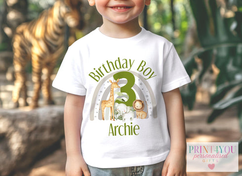 Personalised Safari Birthday T-shirt for Kids White Cotton Tee for First to Sixth Birthday Celebrations
