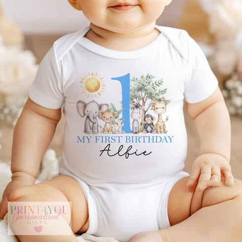 Personalised Baby Birthday Outfit | Jungle Animal Baby Wear - Custom Safari T-Shirt & Sleepsuit