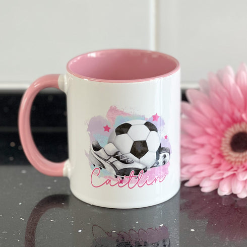 Personalised Football Birthday Mug - Pink Handle - Perfect Birthday Gift for Girls, Pink Girls Football with Boots design