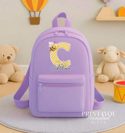 Personalised Bee Backpack for Kids | Polka Dot Initial & Name Rucksack | Toddler Nursery Bag | Custom School Gift