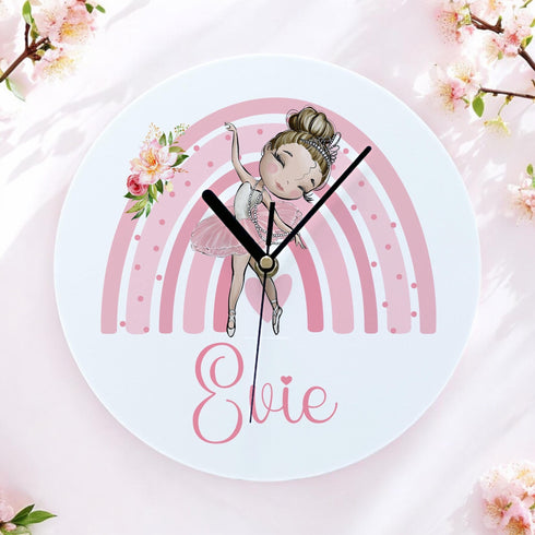 Personalised Ballerina Acrylic Clock for Girls 24.5cm Wide Pink Rainbow Design Gift