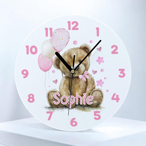 Personalised Childrens Acrylic Clock - Pink Teddy Bear with Balloons Ideal New Baby Girl Gift - 245cm Wide.