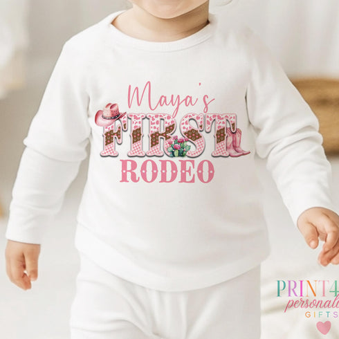 Personalised My First Rodeo T-shirt for Girls - Pink Cowgirl Vest Sleepsuit or Pyjamas for 1st Birthday Party