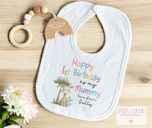Happy 1st Birthday Mummy, First Birthday as My Mummy, Gift from Baby, Pastel Safari Giraffe, Baby Vest Sleepsuit Bodysuit T-Shirt Bib