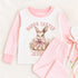 a pink and white outfit with a bunny on it