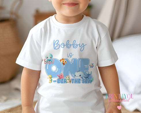 Personalised First Birthday Under the Sea T-shirt Sleepsuit Vest or Bib - One-der the Sea Fish Design