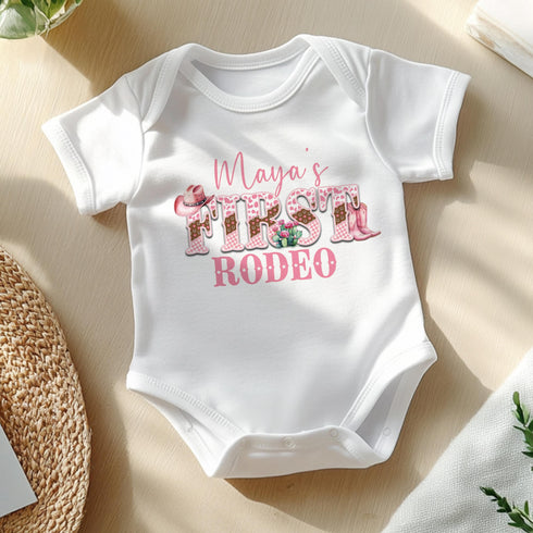 Personalised My First Rodeo T-Shirt for Girls - Pink Cowgirl Vest Sleepsuit or Pyjamas for 1st Birthday Party
