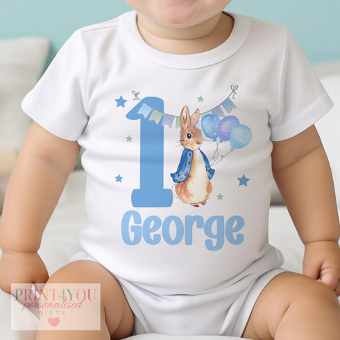 Personalised Rabbit First Birthday T-Shirt Sleepsuit or Vest I Am One Design