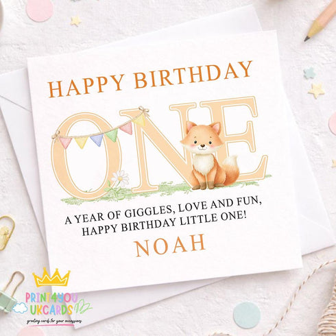 Personalised 1st birthday card with cute fox and one design, woodland first birthday card for little boy or girl with custom name