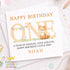 Personalised 1st birthday card with cute fox and one design, woodland first birthday card for little boy or girl with custom name