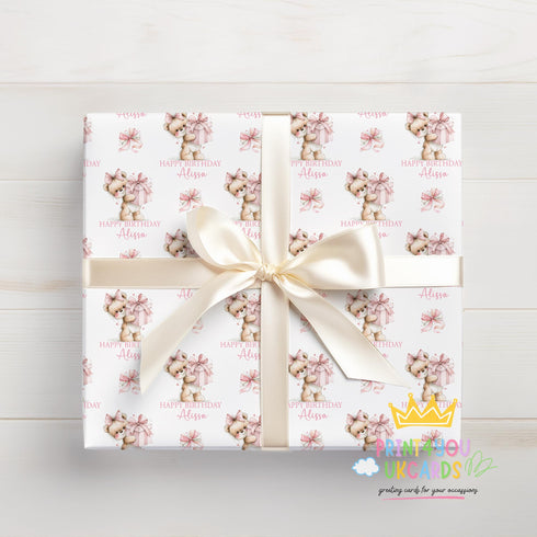 Personalised Birthday Wrapping Paper, Teddy Bear, Girl Name Wrap