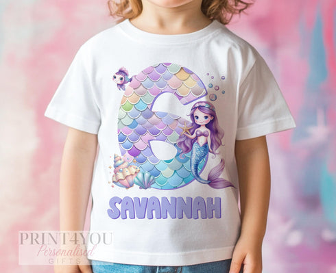 Personalised Mermaid Birthday T-Shirt for Girls – Any Name & Age – DTG Printed 100% Cotton – Under the Sea Party Outfit