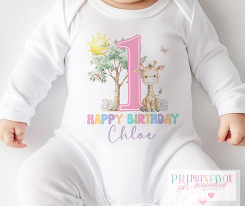 Personalised Pastel Pink Giraffe 1st Birthday Outfit | Baby Girl Vest, Bib, Sleepsuit or T-Shirt | Custom Name | First Birthday Gift