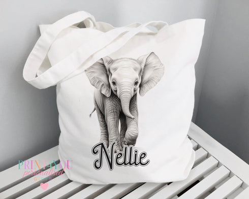 Personalised Elephant Sketch Tote Bag Reusable Cotton Shopping Bag Gift for Girls Black White Animal Design