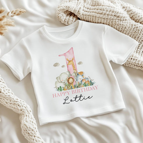 Personalised Pink Safari First Birthday T-shirt Sleepsuit Vest or Bib