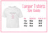 a white t-shirt with a personalized gift design, accompanied by a size guide for larger t-shirts.
