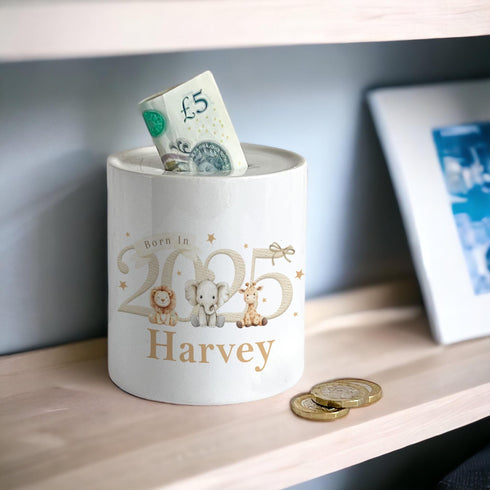 Personalised Ceramic White Money Box Coin Bank - Safari Born in 2025 Design