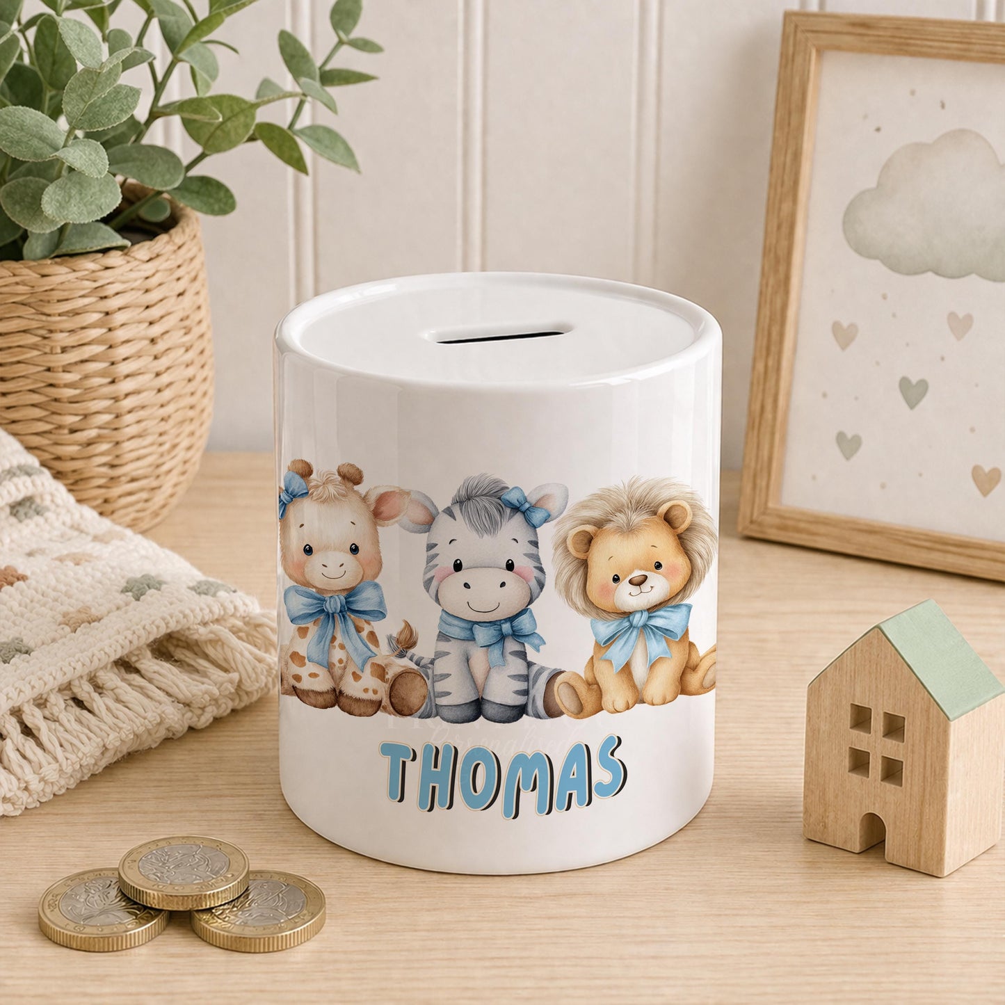 Ceramic safari-design money box personalised with a child's name, ideal for a baby boy