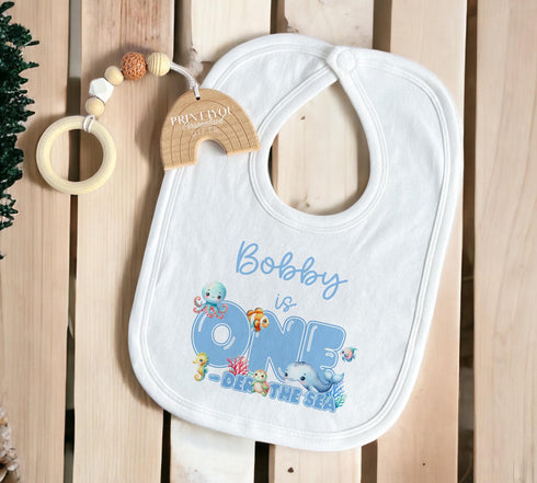 Personalised First Birthday Under the Sea T-shirt Sleepsuit Vest or Bib - One-der the Sea Fish Design