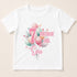 A white t-shirt with a graphic design featuring balloons and the number 7, along with the text "7 BIRTHDAY GIRL Evie" printed on it.