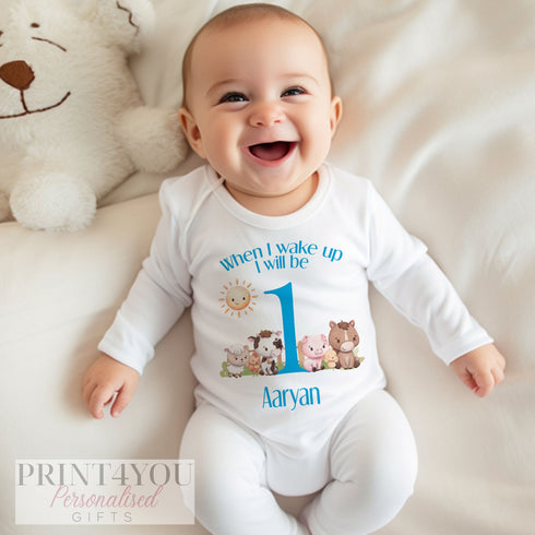 Personalised First Birthday Outfit – Blue Farm Animal Tee & Soft Cotton Sleepsuit - Vest